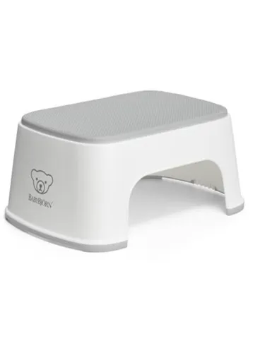 BabyBjörn Tritthocker in Weiß/Grau - Robuster Tritthocker mit stabilem Design, der ein Umkippen erschwert. Ideal für Kinder, leicht zu reinigen und aus PVC- und BPA-freiem Kunststoff gefertigt.
