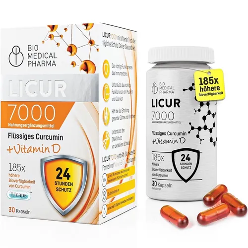 Kurkuma Kapseln mit Vitamin D3 -  185x Bioverfügbarkeit - Licur 7000 (30-Tage)