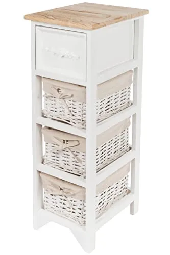 Spetebo Vintage Holz Kommode mit Rattan Körben - Kommode im romantischen Landhaus Stil, inklusive 2 Rattan Körben und einer Schublade mit Rosen-Motiv - ideal für Badezimmer oder Wohnzimmer.