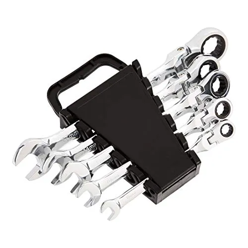 Amazon Basics Flexibles Ratschenschlüssel-Set 5-teilig - Praktisches 5-teiliges Ratschenschlüssel-Set aus hochwertigem Chrom-Vanadium-Stahl. Der flexible Kopf ermöglicht das Erreichen enger Stellen, ideal für präzise Arbeiten.