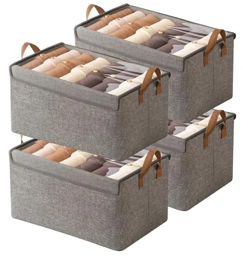 AARAINBOW Stoff Aufbewahrungsbox mit Deckel & Griff, 4 Stück Faltbare Aufbewahrung für Schrank, Stapelbare Aufbewahrungsbox für Kleidung Spielzeug, 40x27x21cm (4 Grau)