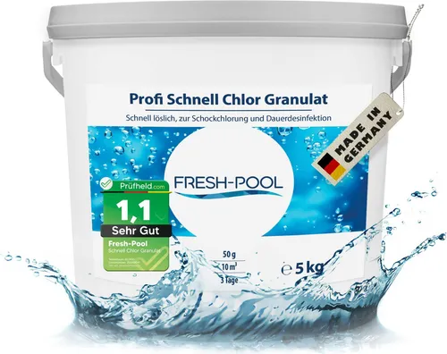 Fresh-Pool Poolpflege Profi Schnell Chlor Granulat 5 kg - Effektives Chlorgranulat für die schnelle Wasserdesinfektion in Pools und Whirlpools. Ideal für Süßwasser und sorgt für klares, sicheres Schwimmvergnügen.
