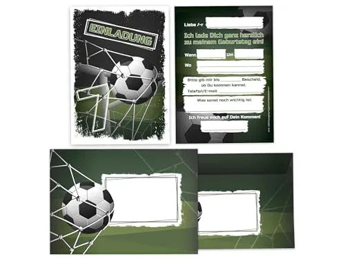 Limonia 12 Einladungskarten incl. 12 Umschläge zum 7. Kindergeburtstag Einladung Geburtstag Mädchen Kinder Jungs Jungen Boys Fussball Turnier grün schwarz