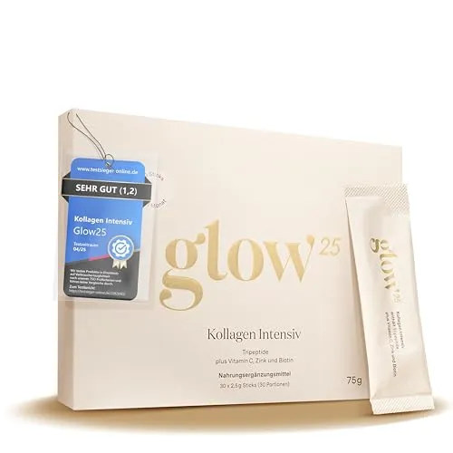 Glow25® Kollagen Intensiv [30 Sticks] – Premium Kollagen mit Tripeptiden - Kollagen-Präparate mit innovativer Tripeptid-Technologie für optimale Aufnahme. Unterstützt Haut, Nägel und Haare dank Vitamin C, Zink und Biotin. Gute Löslichkeit in Getränken.