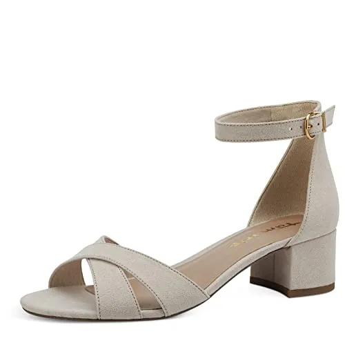 TAMARIS Sandalette für Damen, Gr. 36, beige - Elegante Riemchensandale mit Kreuzbandage und 4,5 cm Blockabsatz, ideal für den Sommer. Aus weichem Veloursleder und mit ANTIslide-Technologie für perfekten Halt.