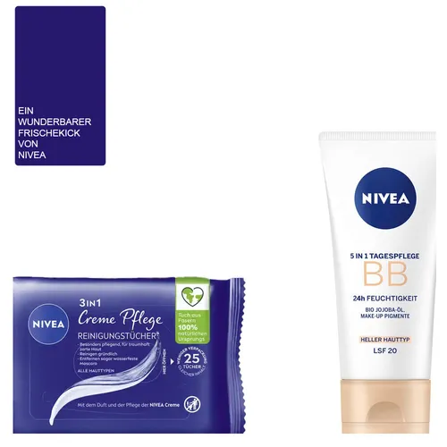 Nivea BB Creme 5in1 Set | 3tlg. Pflege & Reinigungstücher - 3-teiliges Set mit BB Creme und Reinigungstüchern für eine strahlende Haut. Mit Lichtschutzfaktor und Jojoba-Öl für eine leichte Abdeckung und 24h Feuchtigkeit. Ideal für alle Hauttypen.