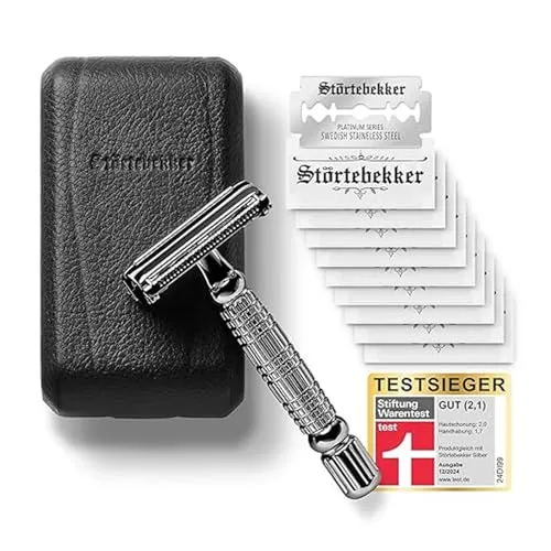Störtebekker Rasierhobel Rasierer mit 10 Klingen und Etui - Herrenrasierer mit hochwertigem Etui und integriertem Spiegel für eine präzise Nassrasur. Ideal für die tägliche Anwendung.