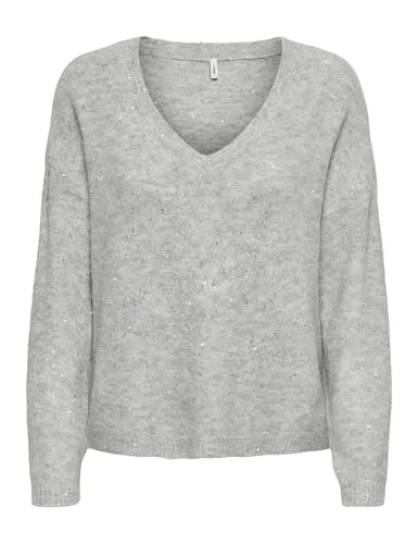 Only Regular Fit Strickpullover 'ARIZONA' in Hellgrau, Größe XS - Stylischer Regular Fit Strickpullover von Only mit schimmernden Pailletten und V-Ausschnitt. Ideal für vielfältige Looks und angenehmen Tragekomfort.