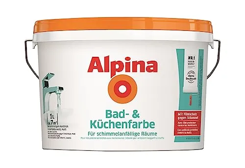 Alpina Bad- und Küchenfarbe in Weiß Matt – Anti-Schimmel Wandfarbe - Farben: Effektive Anti-Schimmel-Wandfarbe für Bad und Küche, gut deckend und extrem waschbeständig für strahlend weiße Wände.
