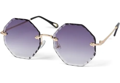 styleBREAKER Damen Runde Sonnenbrille Rahmenlos mit getönten Gläsern im Diamant Schliff, Geprägte Bügel, Vieleckige Gläser 09020118, Farbe:Gestell Gold/Glas Grau Verlauf