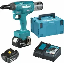 Makita DRV 250 RFJ Akku Blindnietsetzgerät 18 V - Nagelpistole mit 20 kN Zugkraft, ideal für präzise Blindnieten, inklusive 2 Akkus und Ladegerät für maximale Flexibilität.