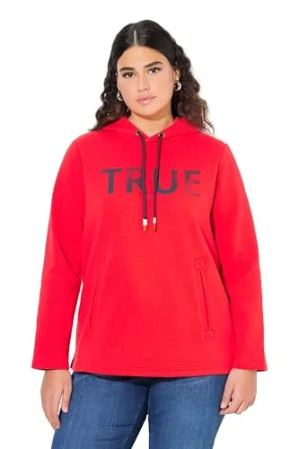 Ulla Popken Damen Hoodie - Neon Rot, Kapuze mit Kordel - Kapuzenpullover für Damen mit True-Schriftmotiv, zwei praktischen Taschen und Seitenschlitzen für optimale Bewegungsfreiheit, ideal für lässige Looks.
