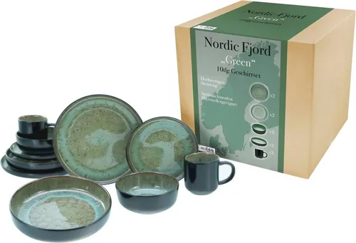 CreaTable Kombiservice 10-tlg, Nordic Fjord Green - Kombiservice aus edlem Steinzeug in skandinavischem Design, spülmaschinen- und mikrowellengeeignet. Jedes Stück ist ein Unikat dank reaktiver Glasur.