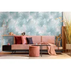 living walls Fototapete, glatt, gemustert, matt, neutral, (1 St), Dschungel, Blätter Tapete Tapeten Wohnzimmer Schlafzimmer Küche Flur beige|blau