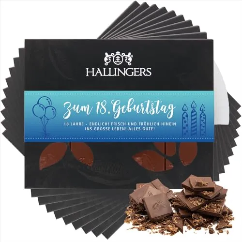 Hallingers 10x Zum 18. Geburtstag - Vollmilch Edel-Schokolade zartschmelzend ganz pur - handmade, alkoholfrei (Box) - Geschenk im Sommer & als perfektes Grillgeschenk | Geburtstag Glückwunsch Jahresta