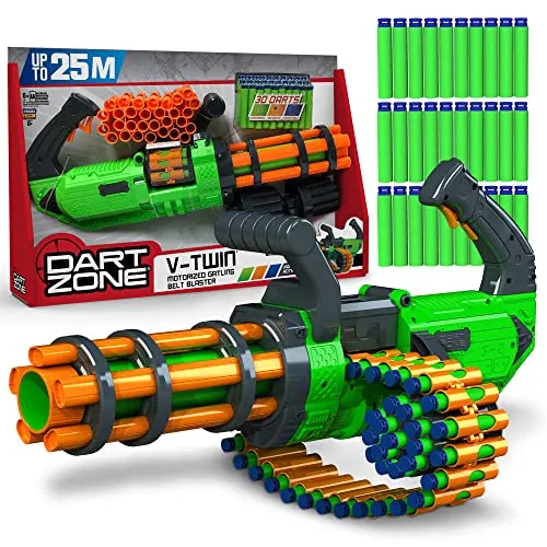Dart Zone V-Twin Motorisierter Minigun Dart Blaster - Spielzeug-Schaumstoff-Blaster mit motorisiertem Gatling-Gürtel, schießt 3 Patronen/sec bis zu 25m, ideal für Kinder ab 8 Jahren und kompatibel mit Nerf Pfeilen.