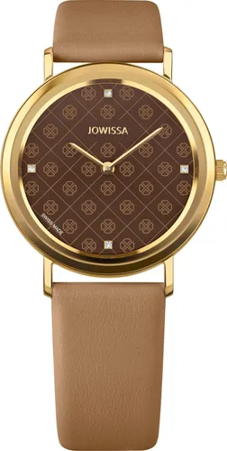 JOWISSA Schweizer Uhr AnWy - Elegante Schweizer Uhr mit Quarz-Antrieb, braunem Zifferblatt und goldfarbenem Edelstahlgehäuse. Wasserdicht bis 5 bar, ideal für stilbewusste Träger.