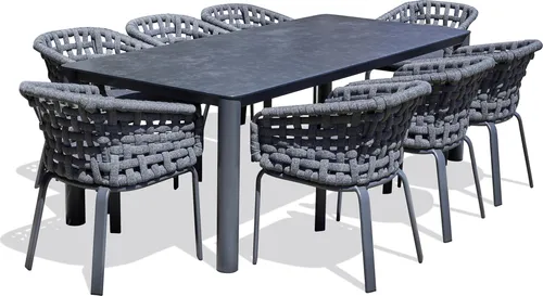 8-Sitzer-Garten-Essgruppe aus Aluminium mit Keramikplatte - Elegante Garten-Essgruppe mit anthrazitgrauem Aluminiumtisch und 8 stapelbaren Sesseln. Ideal für gesellige Abende im Freien, pflegeleicht und wetterbeständig.