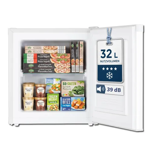 Stolthoff® Mini Gefrierschrank 32 L – Kompakte Tiefkühlbox mit 4-Sterne-Leistung - Kompakter 32 L Gefrierschrank mit 4-Sterne-Leistung für konstante Temperaturen bis -18 °C. Flüsterleise mit nur 39 dB, ideal für kleine Räume und Homeoffice. Robuster Glaseinlegeboden für praktische Nutzung und einfache Reinigung.