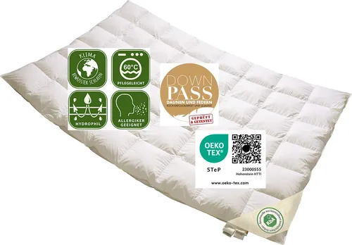 Vitaschlaf® Bio-Luxe-KBA TESTSIEGER W3 - Sommer Daunendecke 155 x 220 cm - Bettdecken aus 100% Bio-Baumwolle und 100% neuen arktischen Gänsedaunen, ideal für Allergiker, nachhaltig und pflegeleicht. Made in Germany für höchste Qualität.