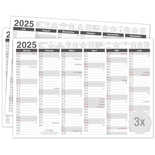 TOBJA Tafelkalender 2026 in 3er Set - DIN A4 Übersicht für wichtige Termine, Schulferien und Feiertage | Jahresplaner 2026 Wandkalender | Kalendarium 2026 im praktischen Format (3 Stück Papier)