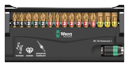 Wera 05057431001 Bit-Check Diamond 1, 30-teilig - Werkzeug-Set mit BiTorsion-Zone für erhöhte Lebensdauer und Diamantbeschichtung für sicheren Sitz. Ideal für präzises Arbeiten in Handwerk und Heimwerkerprojekten.