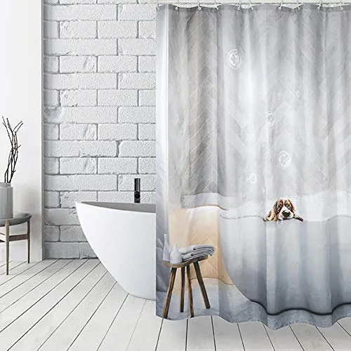 MSV Anti-Schimmel Duschvorhang - Anti-Bakteriell, waschbar, wasserdicht, mit 12 Duschvorhangringen - Polyester, „Doggy“ 180x200cm