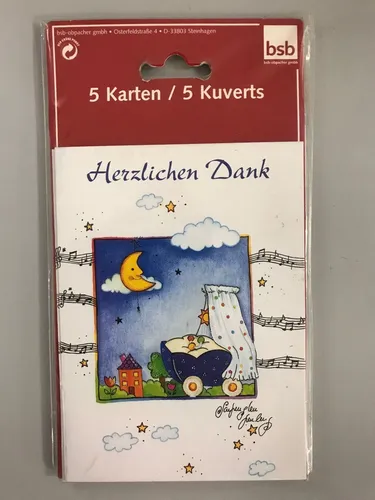 Geburt – Baby  - Danksagung - 5 Karten – 5 Umschläge – im Format 10,5 x 14,5 cm 