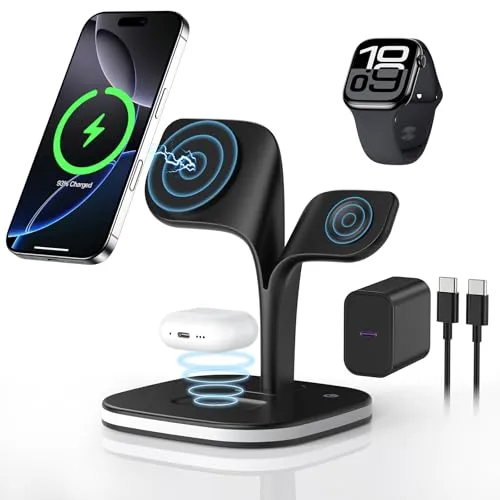 in 1 Ladestation für Apple Watch und iPhone mit Magsafe Ladegerät Magnetisch für iPhone 16 15 14 13 12, Apple Watch 10 9 8 7 6 5 4 3 2 SE Ultra Ultra 2, AirPods Pro 4 3 2(Mit 20W Netzteil) 3