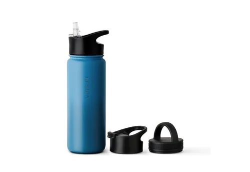 Vinsun Isolierflasche Edelstahl Trinkflasche 500ml, 3 Deckel, auslaufsicher, doppelwandig, 3 Deckel - Strohhalm, Trinköffnung, Schraubverschluss