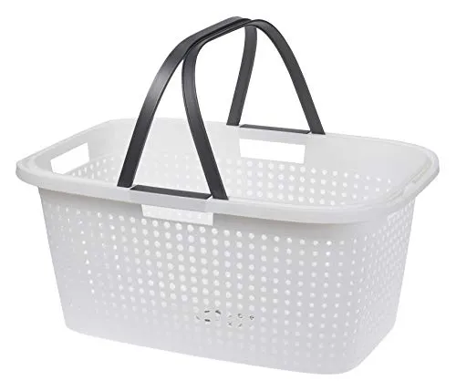 Wäschekorb aus Kunststoff 60 x 39 cm - weiß - Wäschekörbe aus 90% recyceltem Material, großer Tragekorb mit 45 Litern Volumen und klappbaren Griffen für einfache Handhabung.