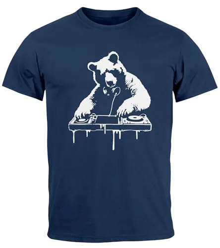 Neverless® Herren T-Shirt mit Aufdruck Panda DJ Techno Rave Festival Outfit Sommer Fashion Streetstyle Navy L