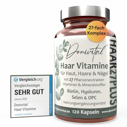 Haar-Vitamine - 27 hochdosierte Vitalstoffe für gesundes Haar - Vitamine & Mineralien für allgemeines Wohlbefinden, mit 27 hochdosierten Vitalstoffen, vegan und frei von künstlichen Aromen.