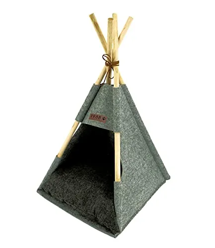 Spetebo Haustier Zelt aus Holz und Filz - Stabiles Katzen Tipi - Hundehütten: Waschbares Zelt mit Kissen, ca. 80x44x42 cm, idealer Schlafplatz für Hunde und Katzen, einfach aufzubauen und mobil.