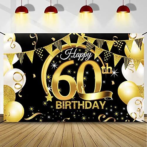 Geburtstag Dekoration Schwarz Gold, 60 Geburtstag Banner, 60 Geburtstag Party Dekor für Frau Mann, 60 Hintergrund Banner, Extra Große Stoff Schild Poster zum 60, Geburtstag Party Deko 60