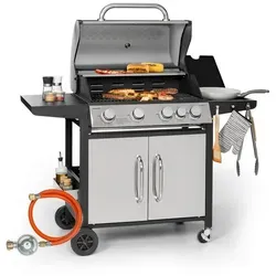Klarstein Gasgrill Tomahawk, Grill Camping Outdoor Thermometer 4+1-Brenner Wok-Seitenbrenner silberfarben