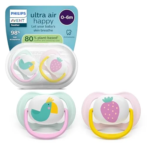 Philips Avent ultra air Schnuller – kiefergerecht geformtes Design, für Babys, 0–6 Monate, weicher, symmetrischer Silikonsauger, BPA-frei, mit Sterilisationsbehälter, 2er-Pack, SCF080/24