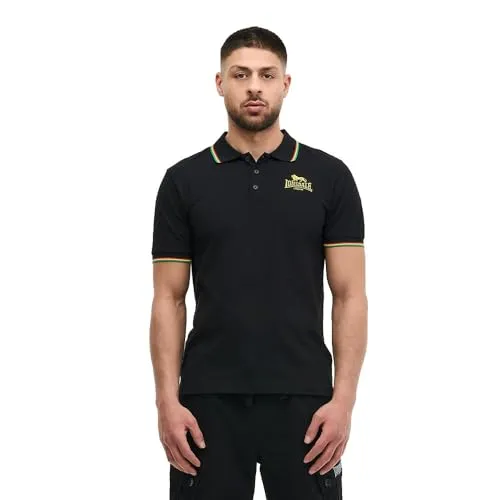Herren Poloshirt normale Passform SOUNDS FOUR Black/Rainbow 3XL Lonsdale - Stylisches Poloshirt von Lonsdale mit klassischer Knopfleiste und auffälliger Löwenstickerei. Perfekt für Freizeit und sportlich-elegante Anlässe – komfortabel und modisch zugleich.