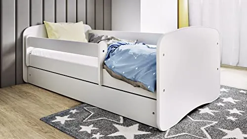 Kinderbett 180x80 mit Matratze & Rausfallschutz - Weiß - Praktisches Funktionsbett für Kinder mit stabiler MDF-Konstruktion. Inklusive Kaltschaummatratze, Lattenrost und Schublade für Spielzeug. Sicherheit durch abnehmbaren Rausfallschutz und abgerundete Kanten.
