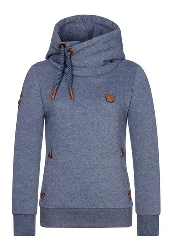 Naketano Damen Kapuzenpullover Indigo Blue Melange, M - Kapuzenpullover für Damen mit Kordelzug, seitlicher Reißverschlusstasche und stylishen Kunstlederapplikationen – perfekt für lässige Outfits!