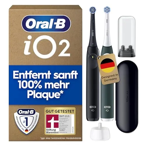 Oral-B iO Series 2 Elektrische Zahnbürste Doppelpack – Schwarz/Grün - Doppelpack mit 2 Oral-B iO Zahnbürsten und 2 Aufsteckbürsten. Genießen Sie eine gründliche Reinigung mit 3 Modi, ideal für den Umstieg auf elektrische Zahnpflege. Inklusive Reise-Etui und langlebigem Akku für flexiblen Einsatz.