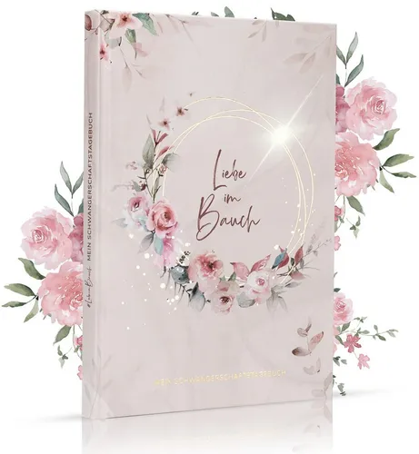 MeinBaby123® Schwangerschaftstagebuch "Liebe im Bauch" - Notizbuch für Schwangere, hochwertig gebunden mit vergoldetem Cover und liebevollem Design in Rosa Flower – ideal für unvergessliche Momente der Schwangerschaft.