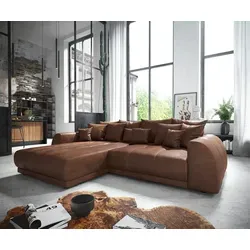 DELIFE Eckcouch Violetta 300 x 220 cm - Stylisches Ecksofa in Vintage Braun mit variabler Recamiere, ideal für maximalen Komfort und entspannte Stunden mit 12 bequemen Kissen.