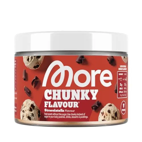 MORE Chunky Flavour Stracciatella, 150 g – Veganes Geschmackspulver - Vielseitig einsetzbares Geschmackspulver für Quark, Joghurt, Porridge und mehr. Mit nur 6-12 kcal pro Portion ideal für bewusste Ernährung. Genießen Sie cremigen Geschmack durch ausgewählte Stückchen und Inulin – hergestellt in Deutschland.