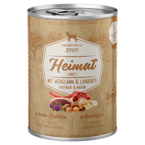 Bosch Petfood Heimat Adult Weidelamm & Landente 400 g - 12 Stück für Hunde - 12 x 400 g hochwertiges Hundefutter mit frischem Weidelamm (42 %) und zarter Landente (26 %). Getreidefrei und mit erlesenen Zutaten, ideal für die ausgewogene Ernährung Deines Hundes.