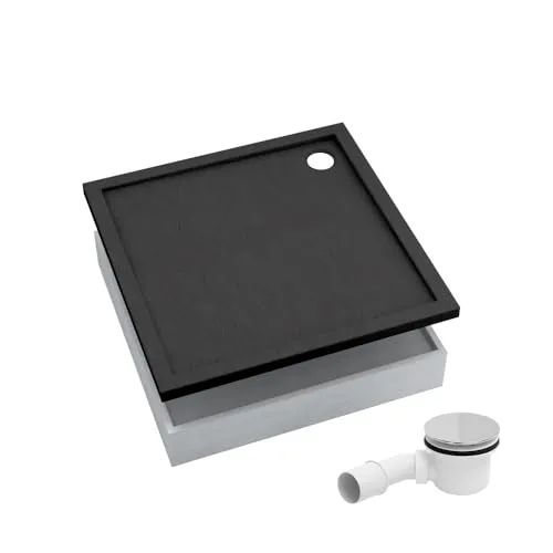 AQUABAD Duschwanne Basic Black Stone 90x90cm - Quadratische Duschwanne mit robustem Styroporträger für einfache Montage und optimale Stabilität. Die elegante Steinoptik und rutschhemmende Oberfläche sorgen für modernes Design und Sicherheit im Bad.