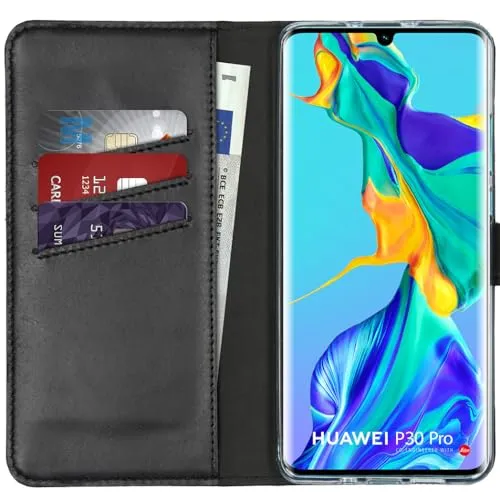 Huawei P30 Pro Hülle - Selencia Echtleder Klapphülle Schwarz - Elegante Klapphülle aus echtem Leder für Ihr Huawei P30 Pro. Mit Platz für drei Karten und Geldscheine, bietet sie praktischen Schutz und stilvolles Design. Ideal für den täglichen Gebrauch!