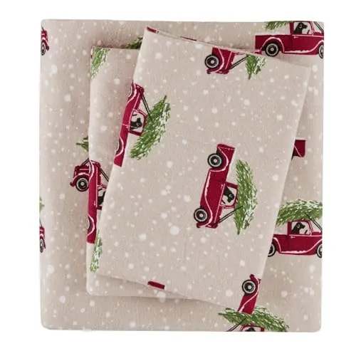 WOOLRICH Baumwoll-Bettwäsche-Set, Cottage-Charms-Druck, 100% Baumwoll-Flanell-Bettwäsche-Set, warm und flauschig, Queen-Size-Bettlaken, Spannbetttuch für bis zu 35,6 cm Matratze, Queen-Size-Autos,