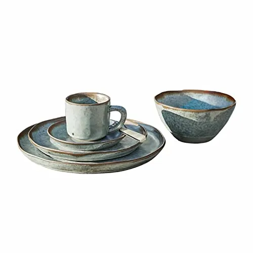 LOBERON Geschirr 30er Set Biarré - Stilvolles Tafelservice in Türkis/Braun - Tafelservice aus hochwertigem Steingut mit bewusst unebenem Design für einen mediterranen Charme. Langlebig und nachhaltig, ideal für stilvolle Essenspräsentation.