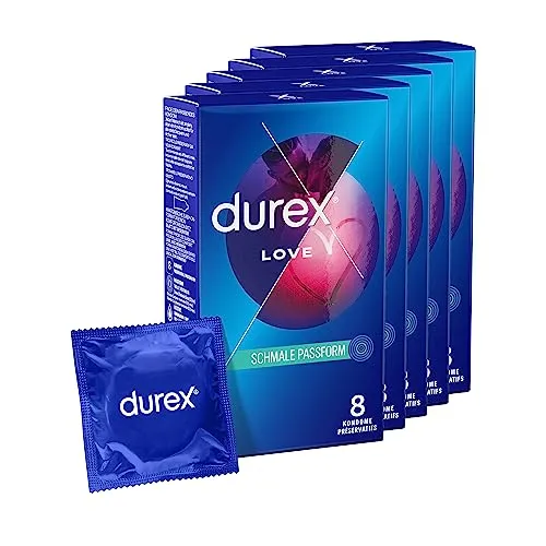 Durex Love Kondome – Kondome mit schmaler Passform - für ein sicheres Gefühl durch festeren Sitz – 40 Stück (5 x 8 Stück)